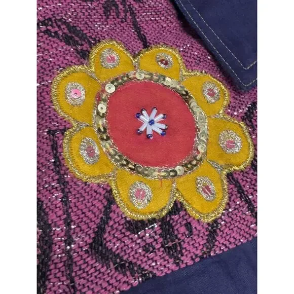 Indigo Moon Denim Chambray Medium Coat Pink Aztec Accent Purple Trim Embellish - Picture 3 of 13